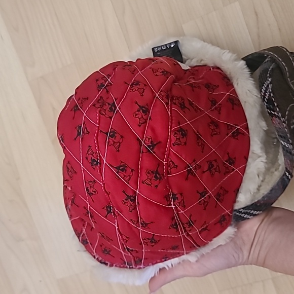 TRUE RELIGION TRAPPER HAT Cap Lined Plaid Faux Fur RED Gray S/M - Picture 6 of 6